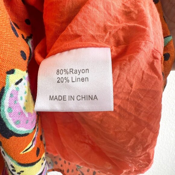 Kourt Aria Linen Tropical Short Dress Pockets Fruit Bird Medium Orange - Picture 8 of 14